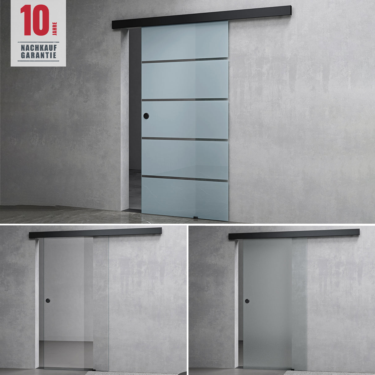 conjunto completo de puerta corredera de vidrio glasvilla, tipo de manija: manija de concha, incluye cierre suave, distancia de pared de 25 mm, vidrio de seguridad ESG de 8 mm Amalfi Negro