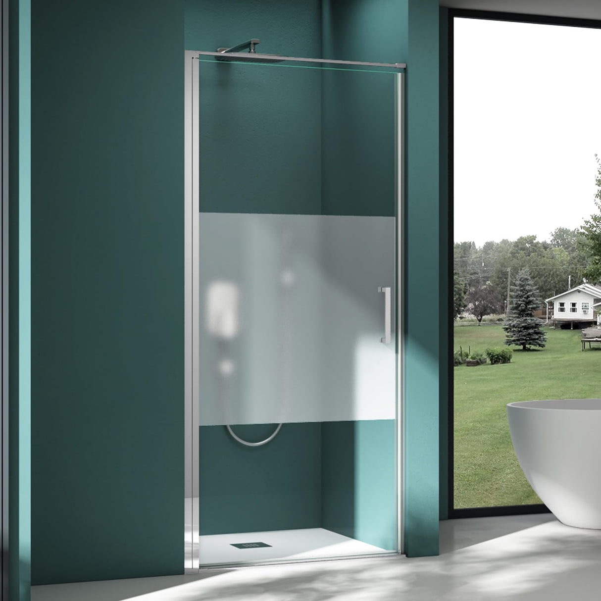 glasvilla Box Doccia a Nicchia in Vetro di Sicurezza 8mm con Meccanismo di Sollevamento e Abbassamento Cabina Doccia Cromata e Nera in Vetro Trasparente e Parzialmente Smerigliato Box Doccia con Rivestimento Nano Teramo36K