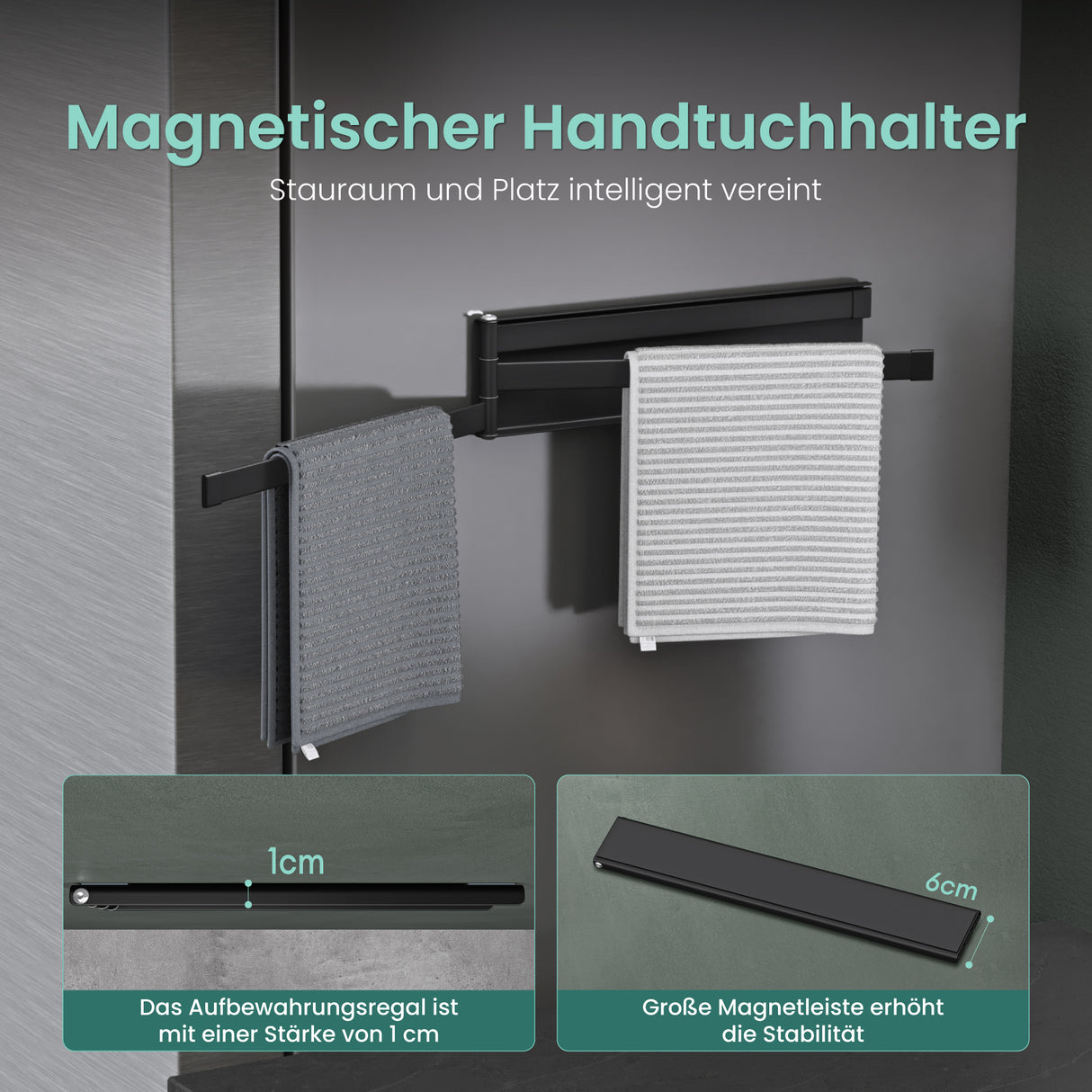 glasvolla Handtuchhalter ohne Bohren, 180° schwenkbar mit 3 Armen, Handtuchstange selbstklebend oder magnetisch, Badetuchhalter für Bad und Küche Folda-02