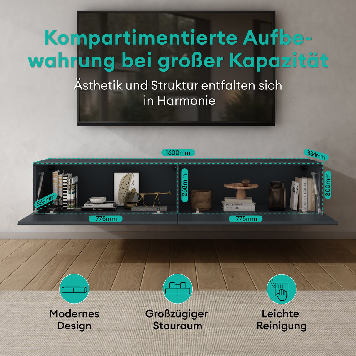 Table TV glasvilla Meuble TV Meuble TV Poignée dissimulée avec fermeture en douceur Meuble mural bas pour salon Meuble TV02