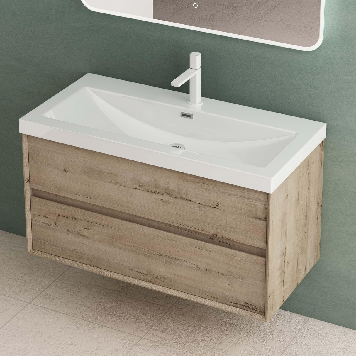 glasvilla Mobile Bagno Sospeso con 2 Cassetti di Chiusura Soft-close e Lavabo Bianco, Mobiletto da Bagno con Lavabo da Marmo Fuso Rimo