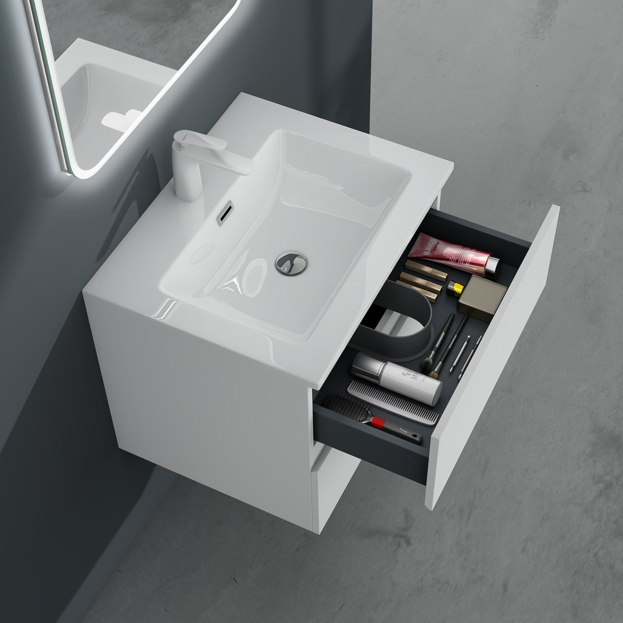 glasvilla Badmöbel-Set Waschtisch mit Unterschrank Mineralguss Waschbecken Waschbeckenunterschrank 2-Schubladen Soft-Close Aqualis