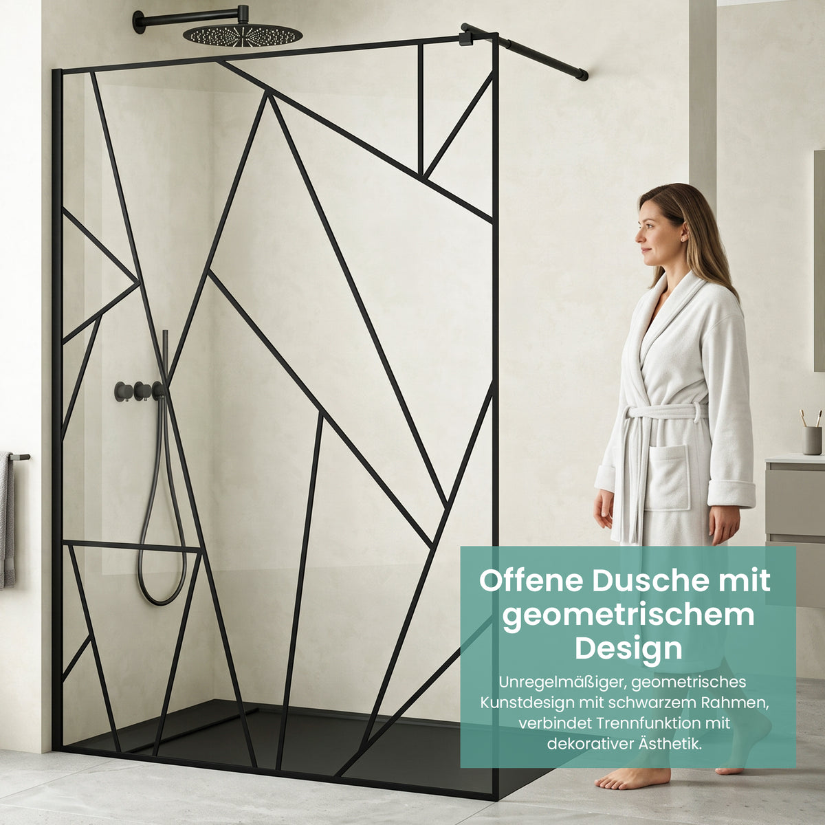 glasvilla Duschwand für Dusche Duschabtrennung Walk-In Dusche Duschtrennwand Schwarz 8mm ESG-Sicherheitsglas NANO Klarglas mit geometrischem Design MMBR3 Bremen01Plus-GM