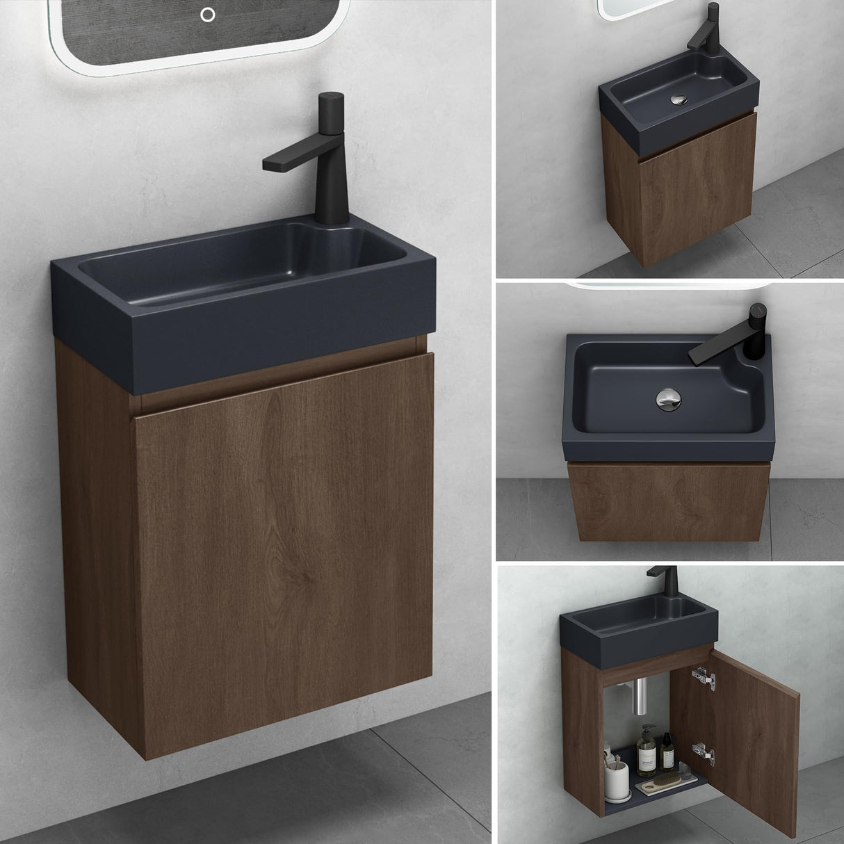glasvilla Mobile Bagno Sospeso con Lavabo Antracite Opaco Mobiletto da Bagno 46x26x63cm Pisa02