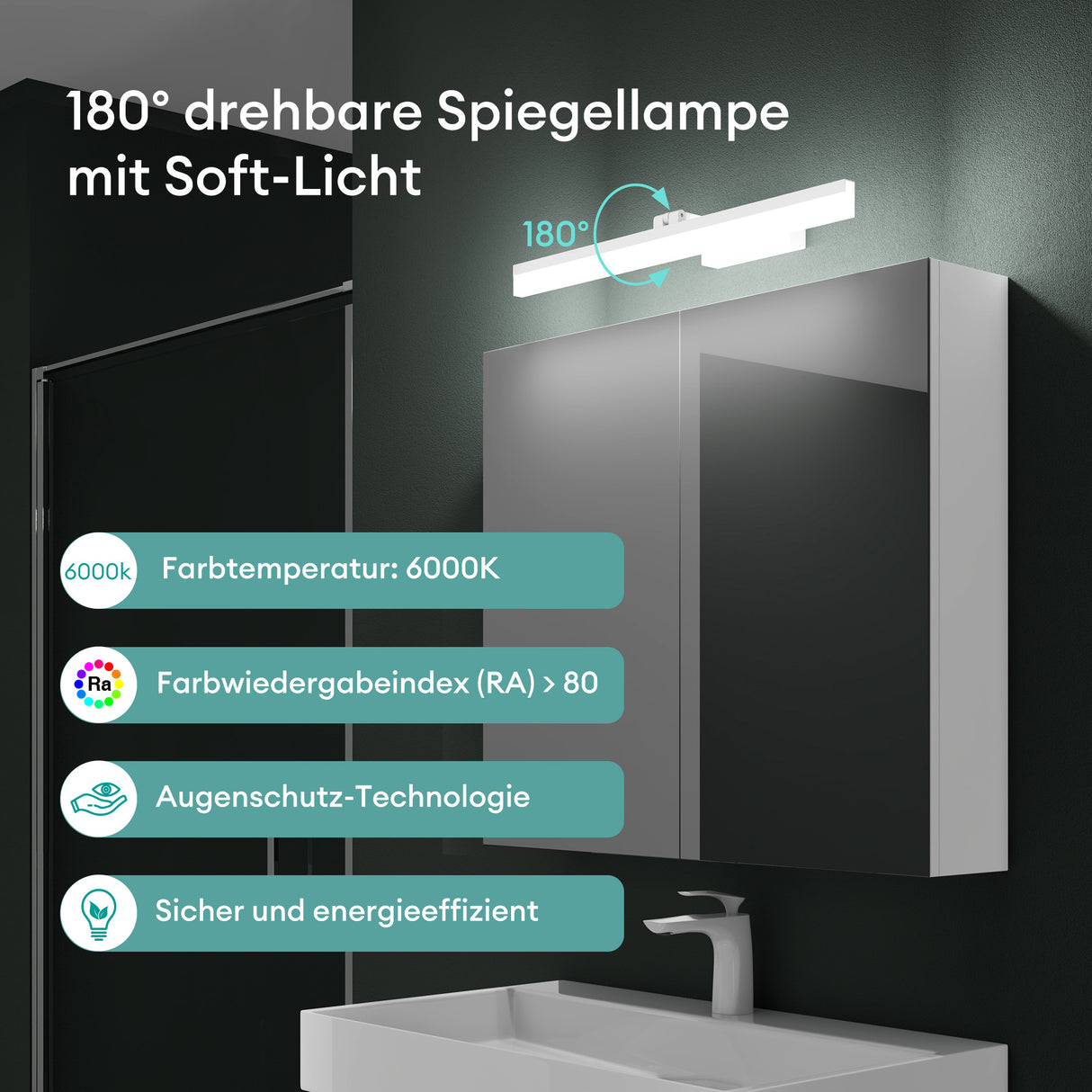 glasvilla Armadietto a Specchio con Lampada da Specchio LED per Bagno, Specchiera Bagno Mobilettto da Parete con Luce a Specchio Girevole a 180° Luxaris