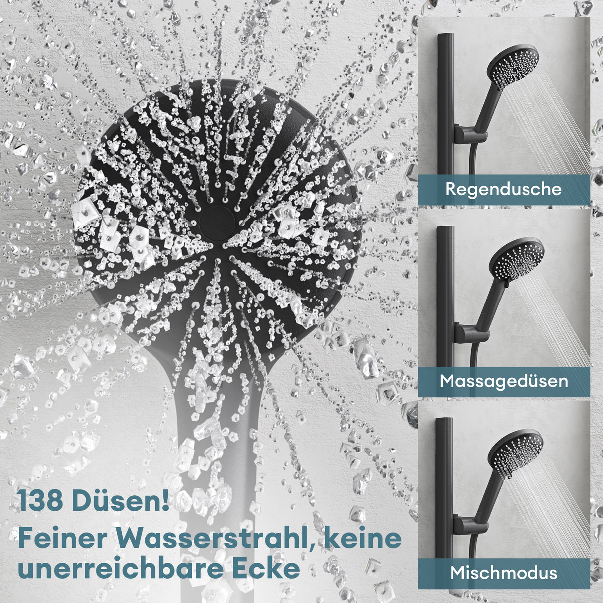 glasvilla Soffione Doccia con 3 Modalità, Doccino per Doccia in Ottone con Tubo Flessibile da 1.5m, Facile da Installare Duschsystem9