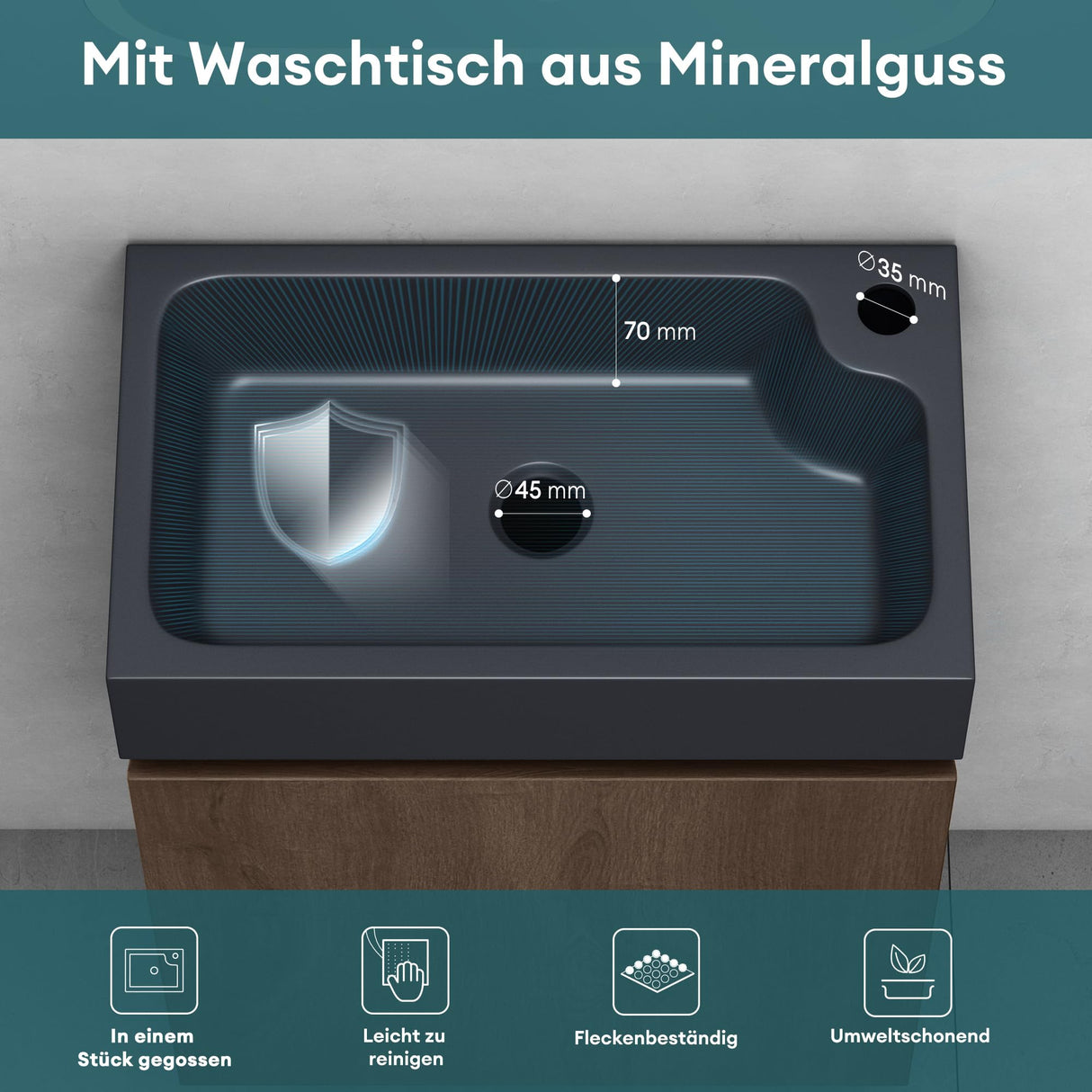 glasvilla Mobile Bagno Sospeso con Lavabo Antracite Opaco Mobiletto da Bagno 46x26x63cm Pisa02