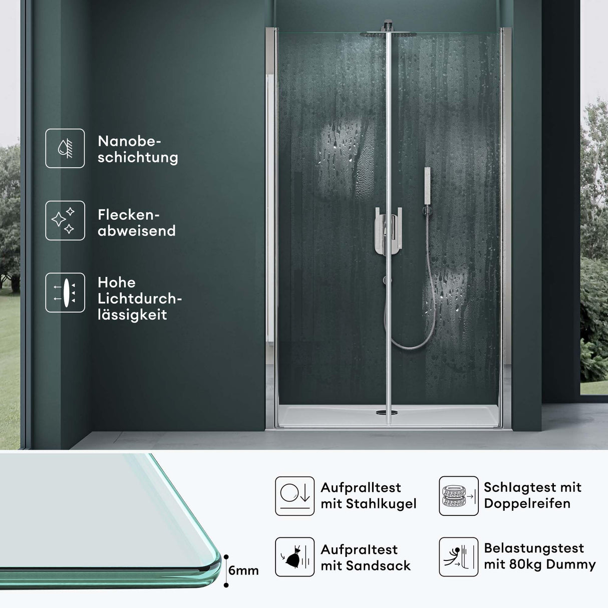 Porte de douche Glasvilla, porte de niche, cabine de douche, porte battante 180°, porte double, revêtement nano ESG 6 mm, verre clair/satiné, rayé/entièrement satiné avec mécanisme de levage et d'abaissement, Teramo24VS