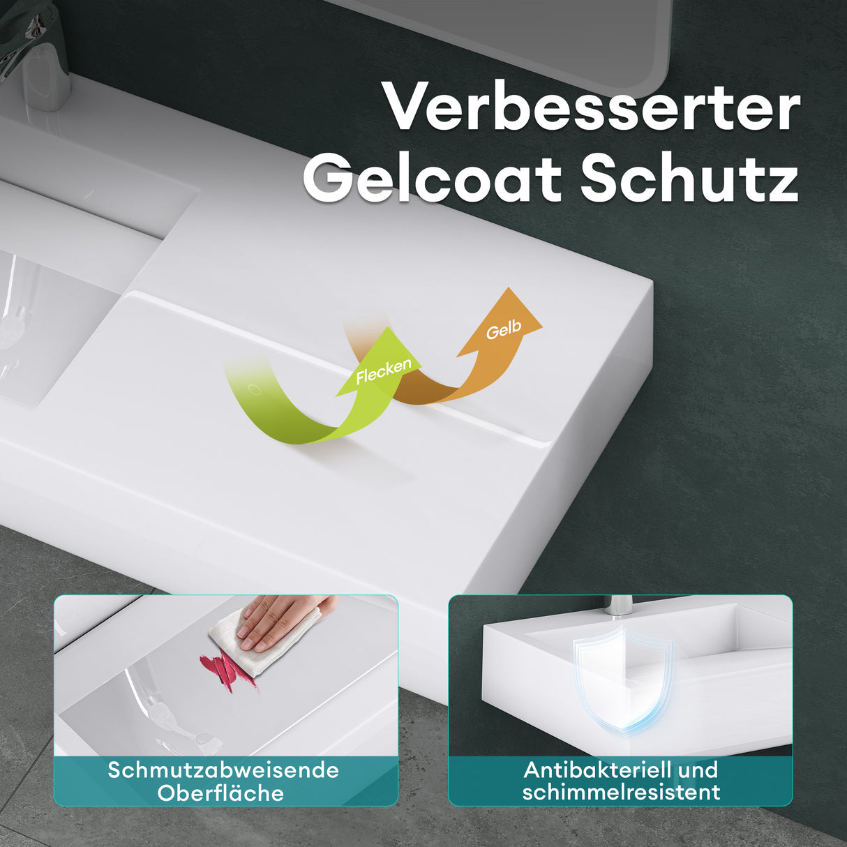 Lavabo Glasvilla, lavabo suspendu, lavabo à poser, en résine minérale moulée, forme rectangulaire, Col11