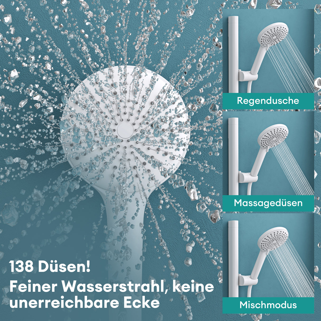 glasvilla Soffione Doccia con 3 Modalità, Doccino per Doccia in Ottone con Tubo Flessibile da 1.5m, Facile da Installare Duschsystem9