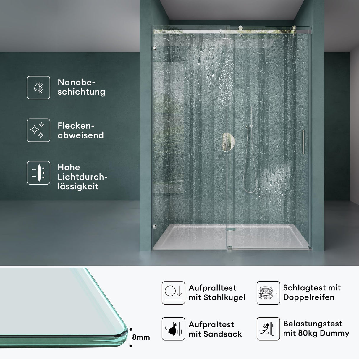 Porte de douche glasvilla Porte de niche Douche Cloison de douche Cabine de douche Porte coulissante ESG 8 mm en verre transparent avec fixation NANO 4 points Teramo04-2