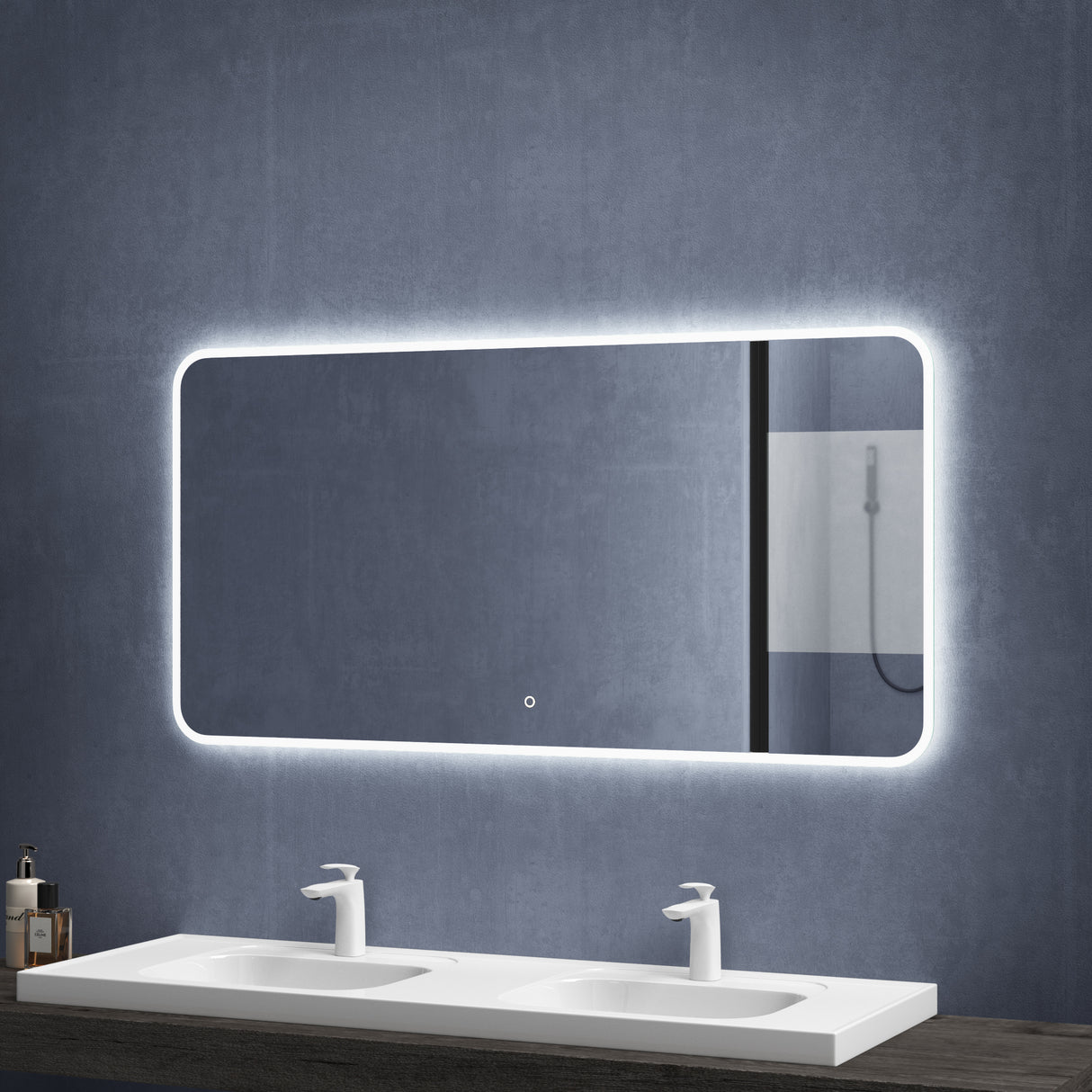 Miroir mural de salle de bain Glasvilla Miroir de salle de bain LED avec interrupteur tactile, antibuée grâce à une couche antibuée