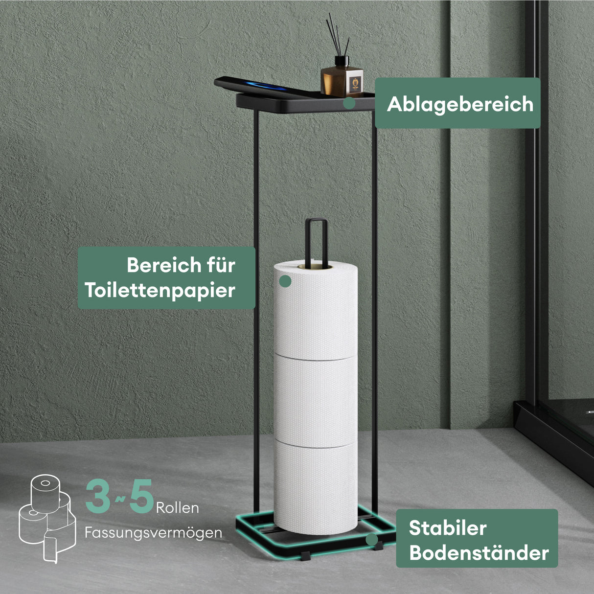 glasvilla Porta Carta Igienica da Terra con Mensola 16x12x52cm, Porta Rotolo di Carta Igienica in Acciaio al Carbonio con Rivestimento Impermeabile e Antiruggine, Senza Installazione Reglo-04