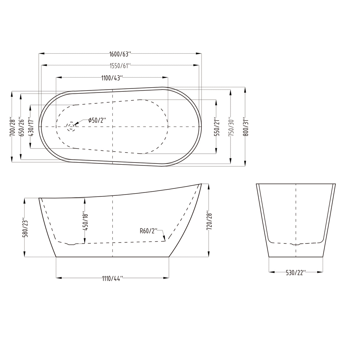 glasvilla freistehende Acryl-Badewanne Oval Standbadewanne Weiß inkl. Push-Open Ablaufgarnitur