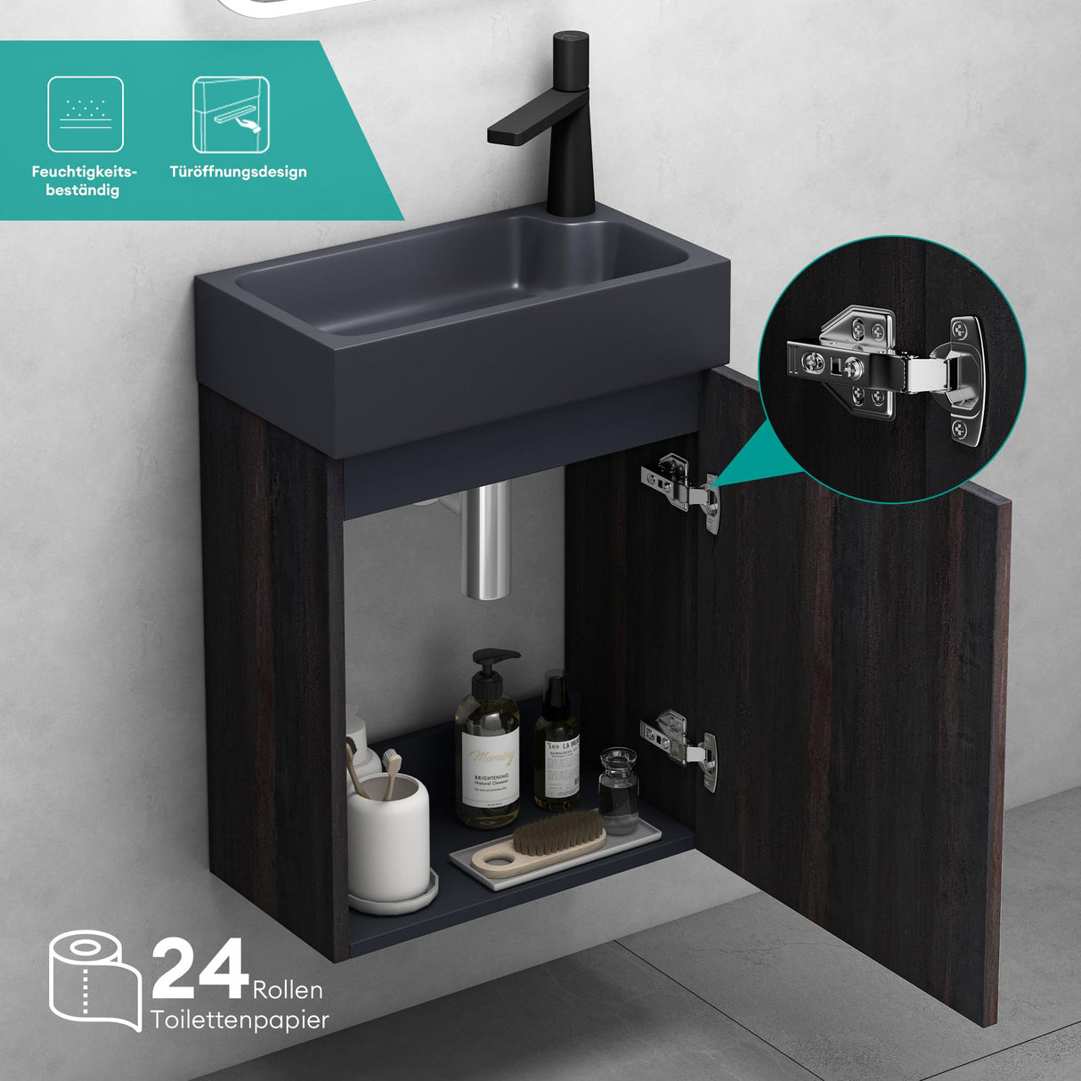 glasvilla Mobile Bagno Sospeso Include Lavabo da Minerale fuso Antracite opaco e Specchio LED Mobile da Bagno 46x26x63cm Pisa
