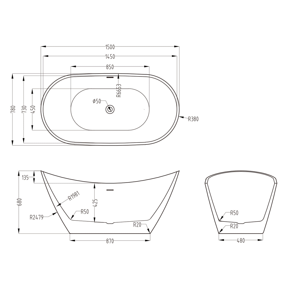 glasvilla freistehende Acryl-Badewanne Oval Standbadewanne Weiß inkl. Push-Open Ablaufgarnitur