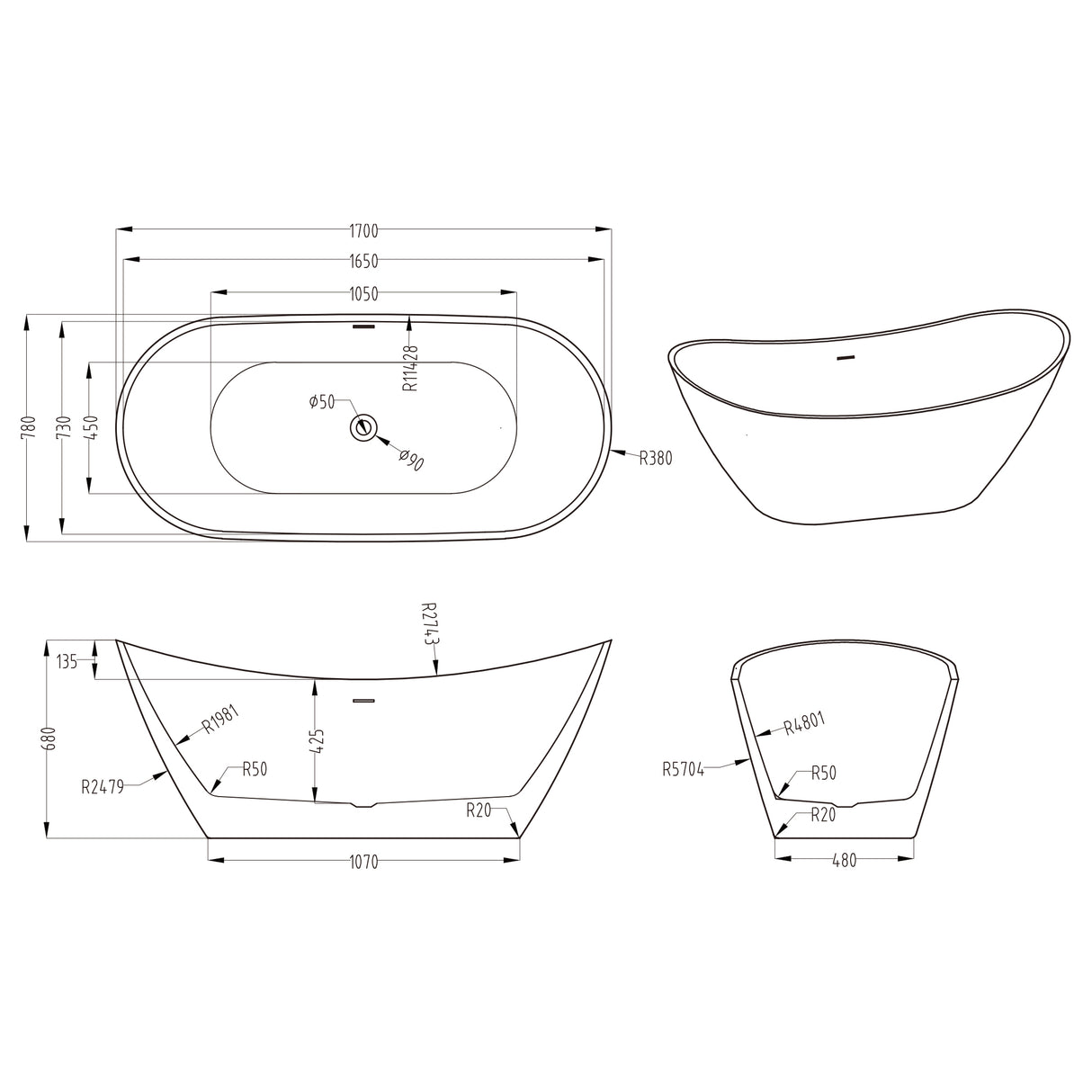 glasvilla freistehende Acryl-Badewanne Oval Standbadewanne Weiß inkl. Push-Open Ablaufgarnitur