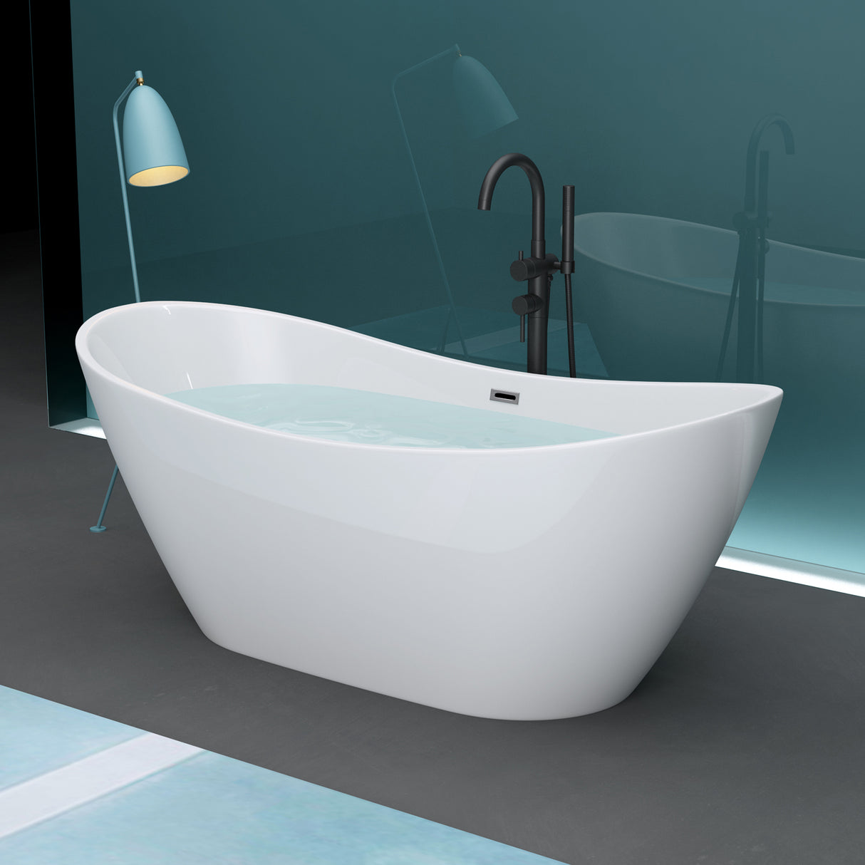 glasvilla freistehende Acryl-Badewanne Oval Standbadewanne Weiß inkl. Push-Open Ablaufgarnitur