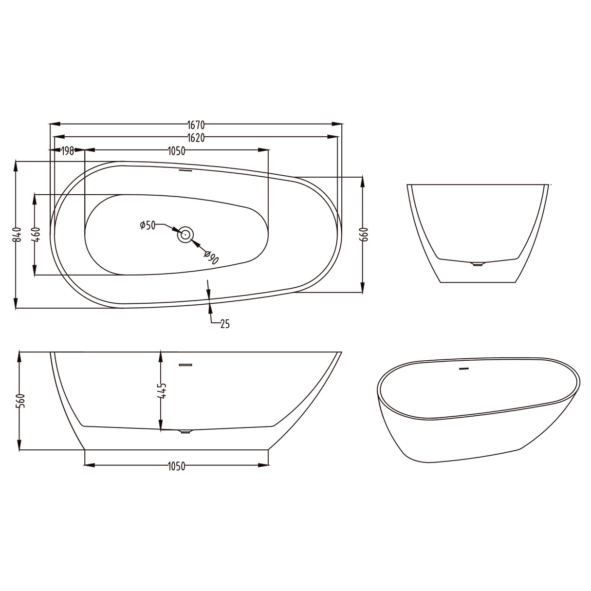 Baignoire îlot ovale en acrylique Glasvilla avec bonde escamotable, blanche, 170 x 75 x 58 cm, Vicenza519