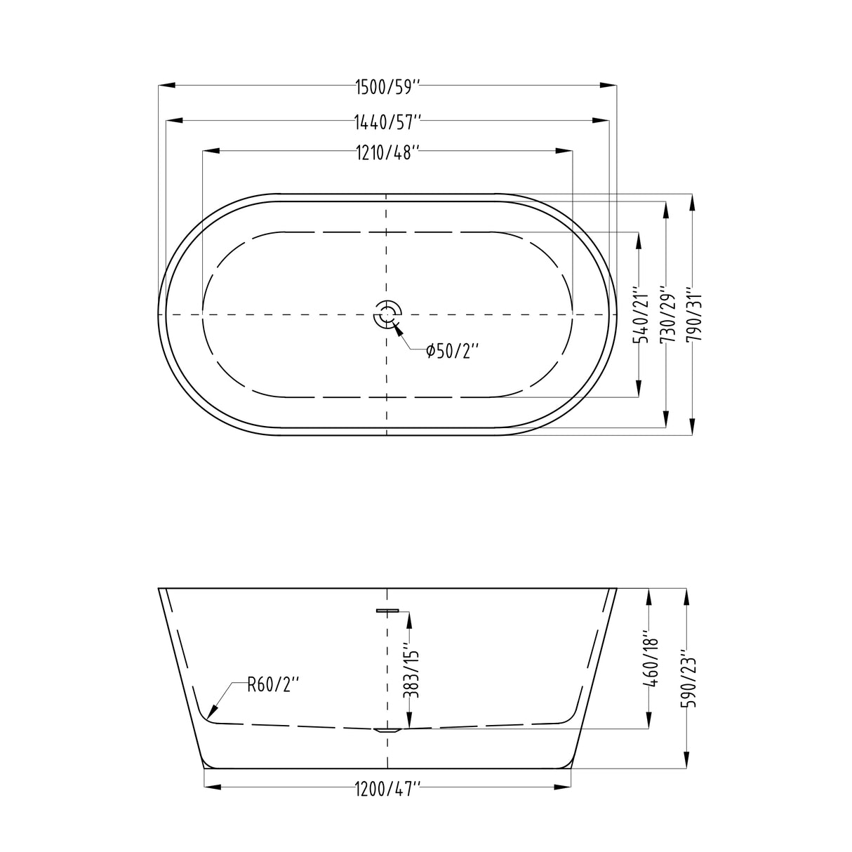 Baignoire îlot ovale en acrylique Glasvilla avec bonde escamotable, blanche, 170 x 75 x 58 cm, Vicenza519