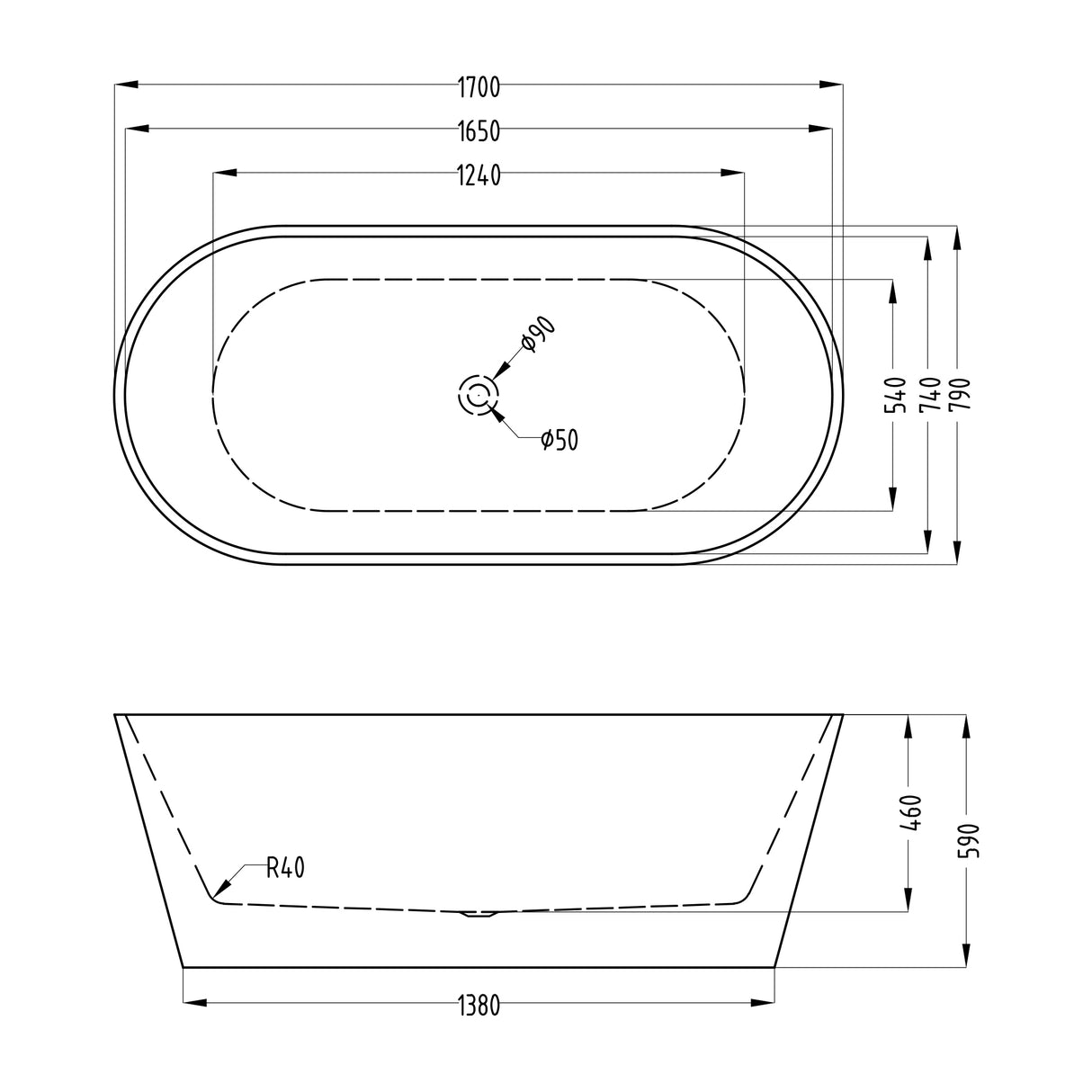 Baignoire îlot ovale en acrylique Glasvilla avec bonde escamotable, blanche, 170 x 75 x 58 cm, Vicenza519