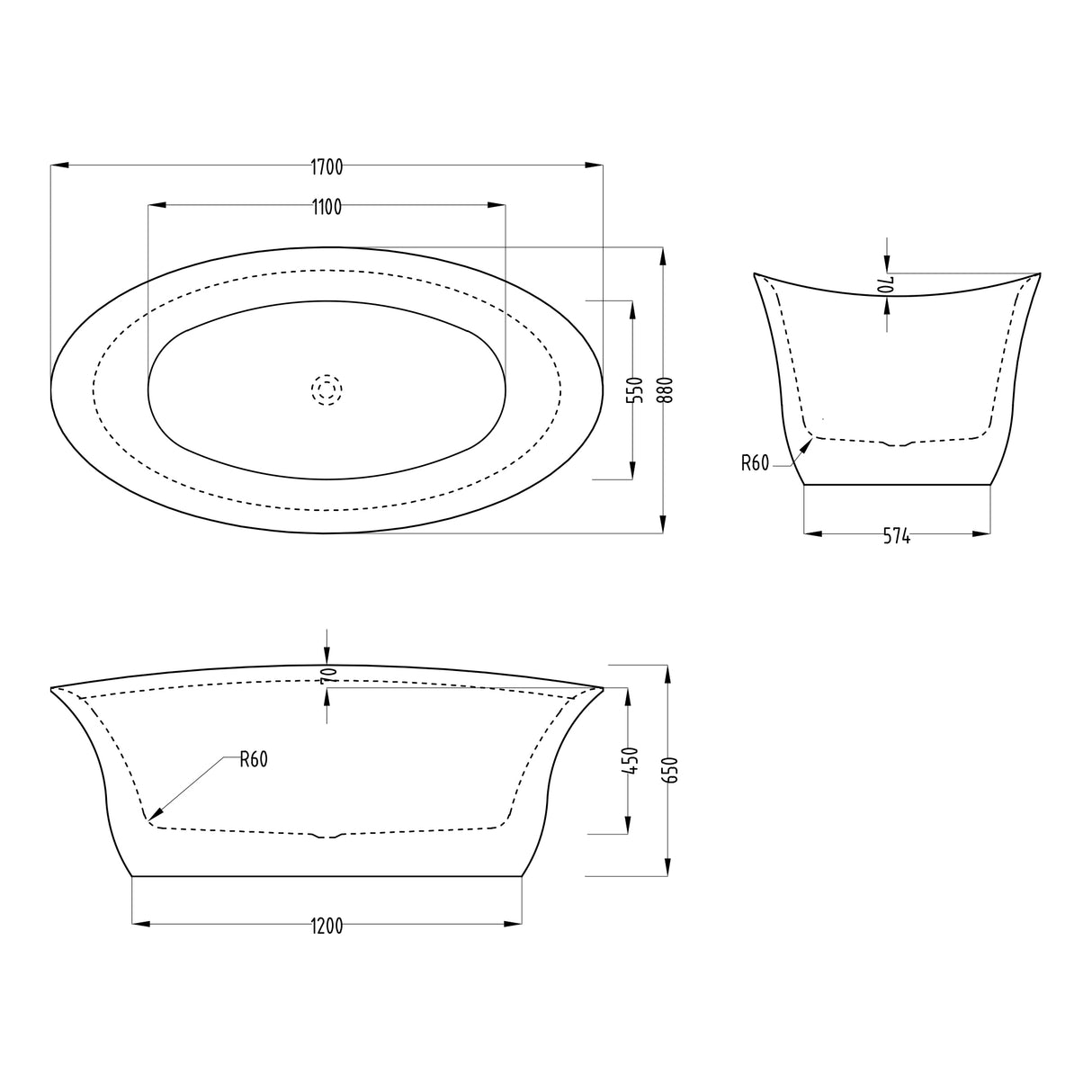 Baignoire îlot ovale en acrylique Glasvilla avec bonde escamotable, blanche, 170 x 75 x 58 cm, Vicenza519