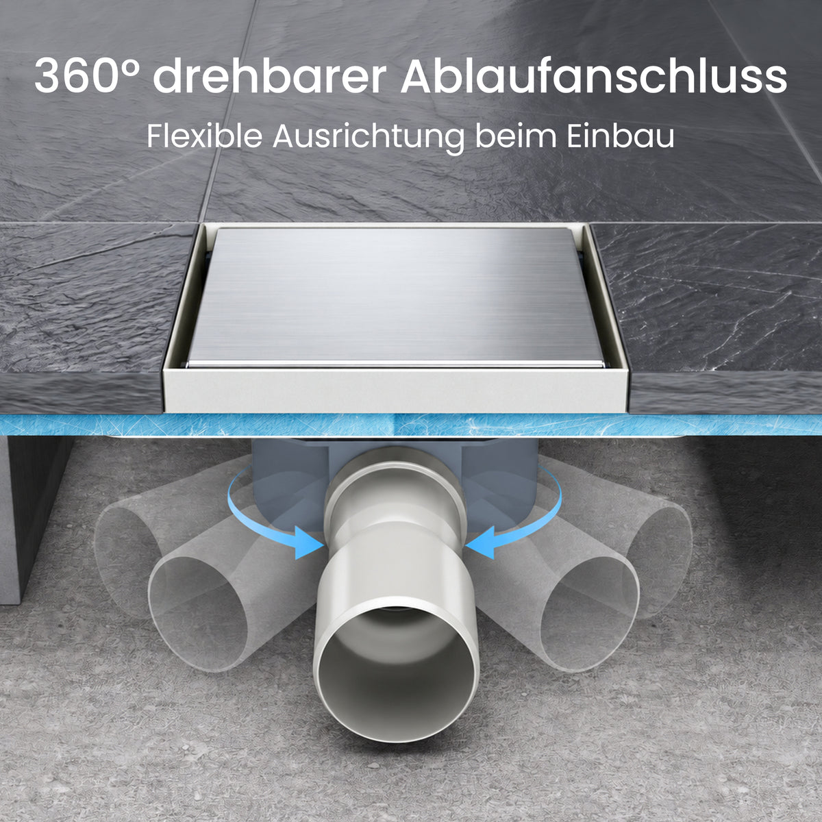 glasvilla Bodenablauf Duschablauf Edelstahl, Duschrinne quadratisch 15x15cm Duschabfluss befliesbar mit Geruchsverschluss, Haarsieb, 360°-Drehadapter, Chrom gebürstet, für Bad Dusche Balkon, KYE113-150