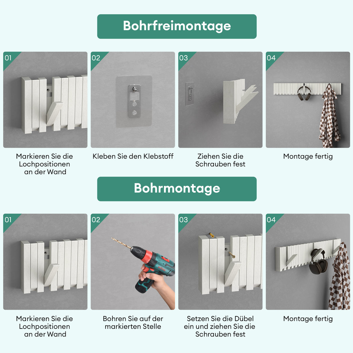 glasvilla Appendiabiti da Parete in Legno, Attaccapanni da Muro Moderno per Camera da Letto, Ingresso, Studio con Gancio Pieghevole e Salvaspazio, Twigro-01