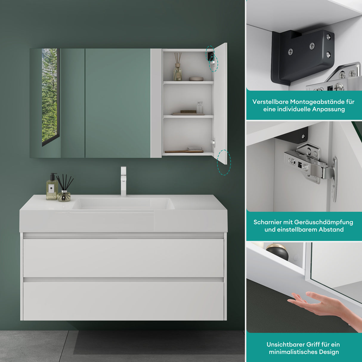 glasvilla Armadietto a Specchio con Ante a Specchio per Bagno Specchiera da Bagno Mobiletto da Parete con Ante Spiegelschrank 02