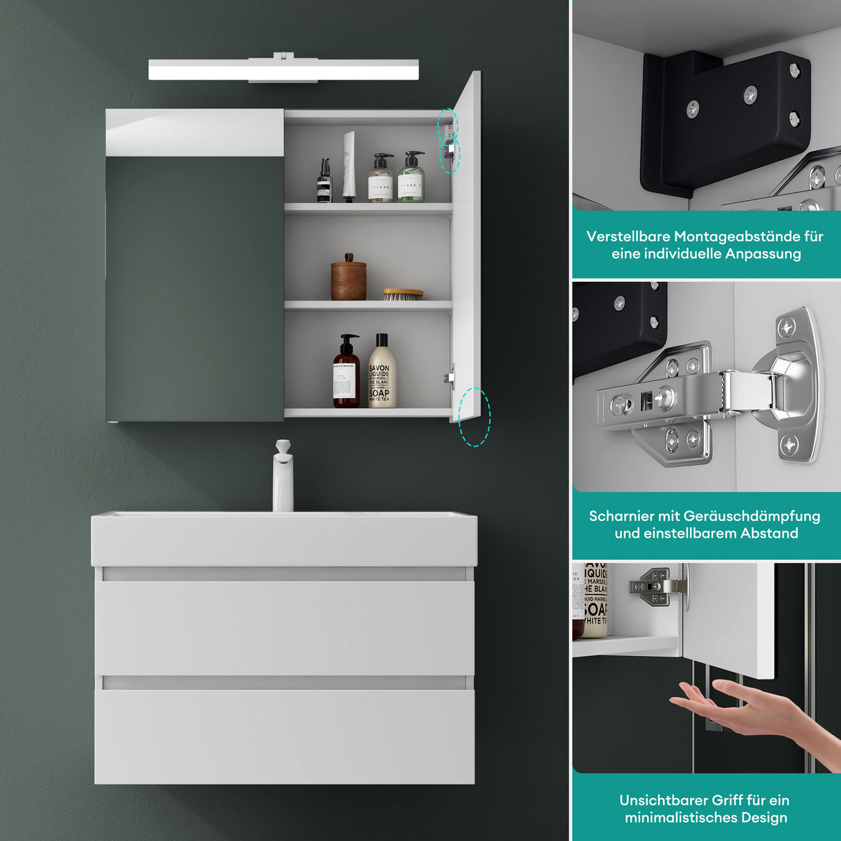 glasvilla Armadietto a Specchio con Lampada da Specchio LED per Bagno, Specchiera Bagno Mobilettto da Parete con Luce a Specchio Girevole a 180° Luxaris