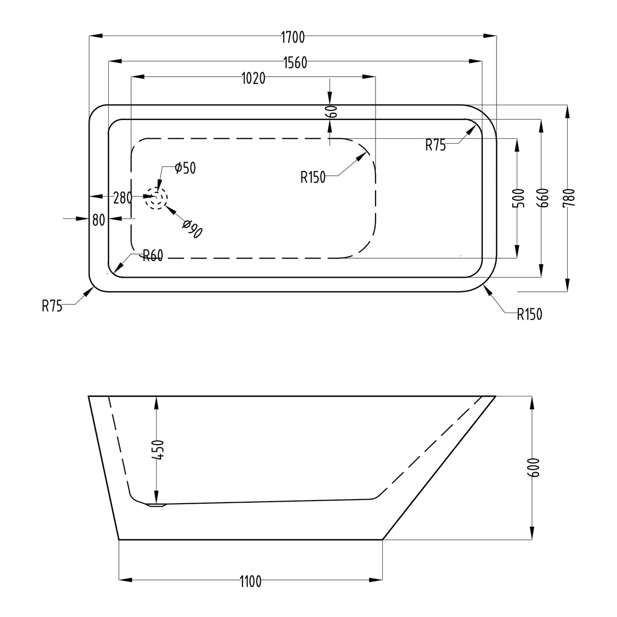glasvilla Vasca da Bagno Freestanding in Acrilico con Rubinetto, Vasca da Bagno Indipendente