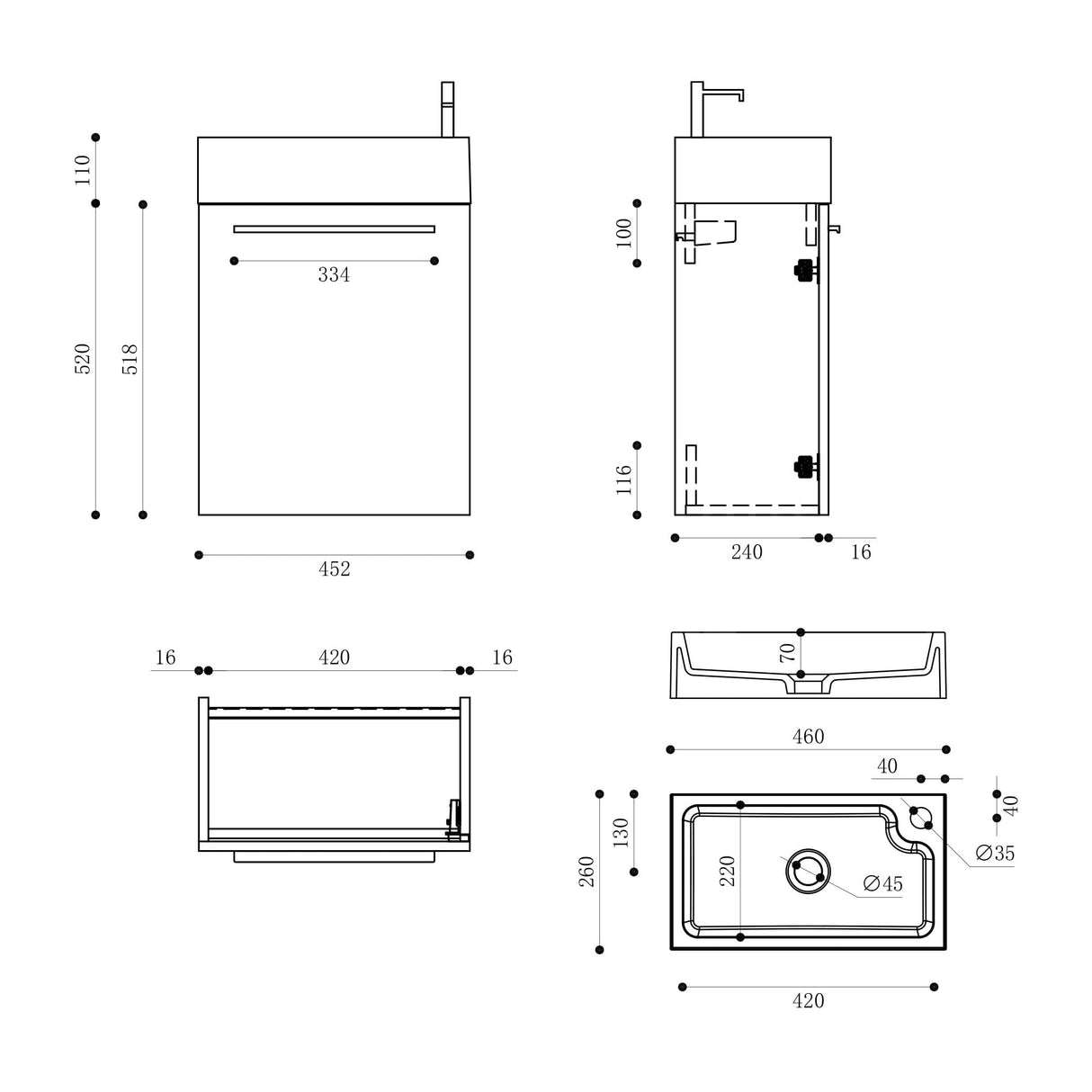 set de muebles de baño glasvilla pequeño mueble de lavabo 46 cm mueble con lavabo blanco de mineral para baño de invitados Pisa
