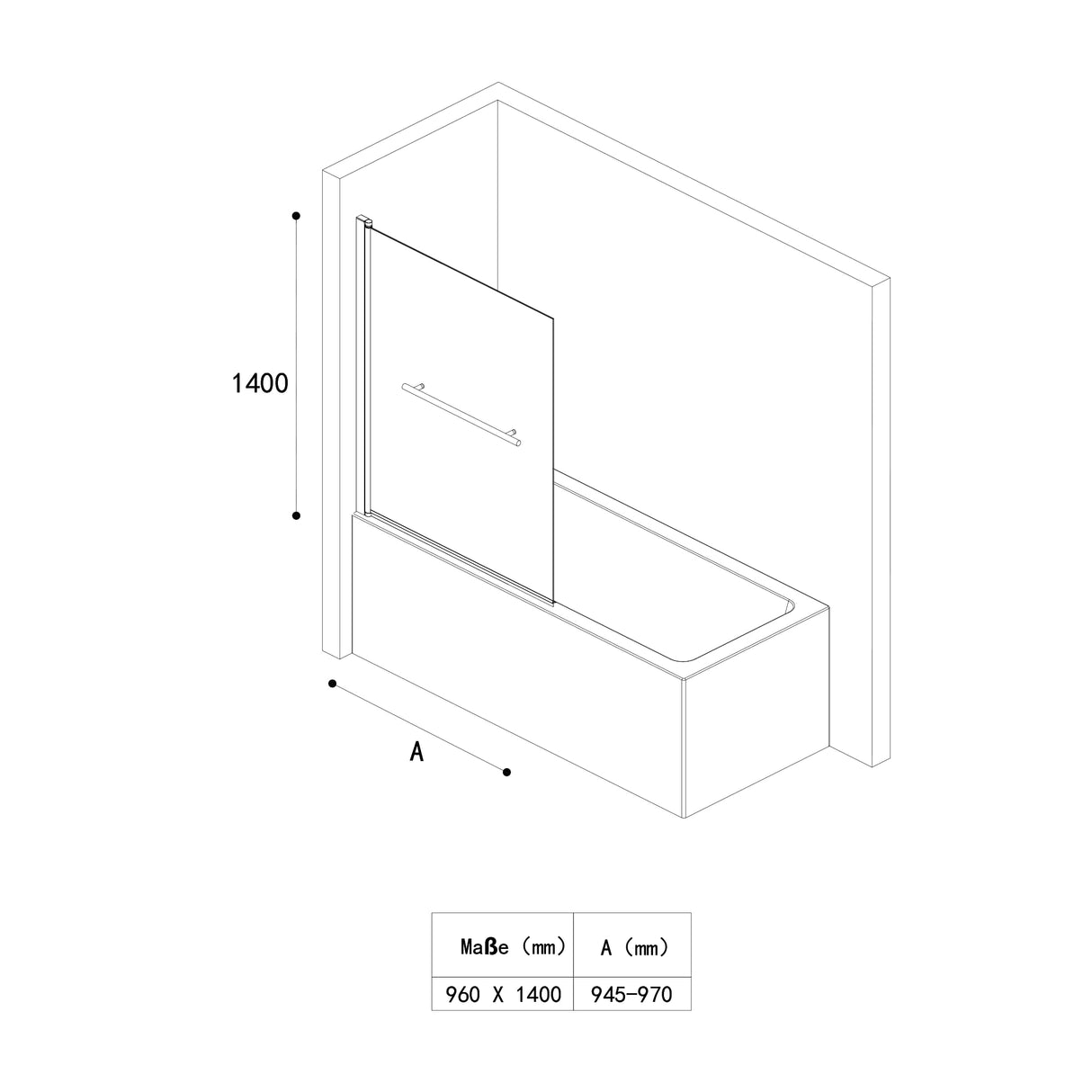 glasvilla Mampara de ducha para bañera Pared de bañera plegable 180° Vidrio de seguridad con NANO 90x140cm Tabique de bañera Accesorio para bañera Cortona1121