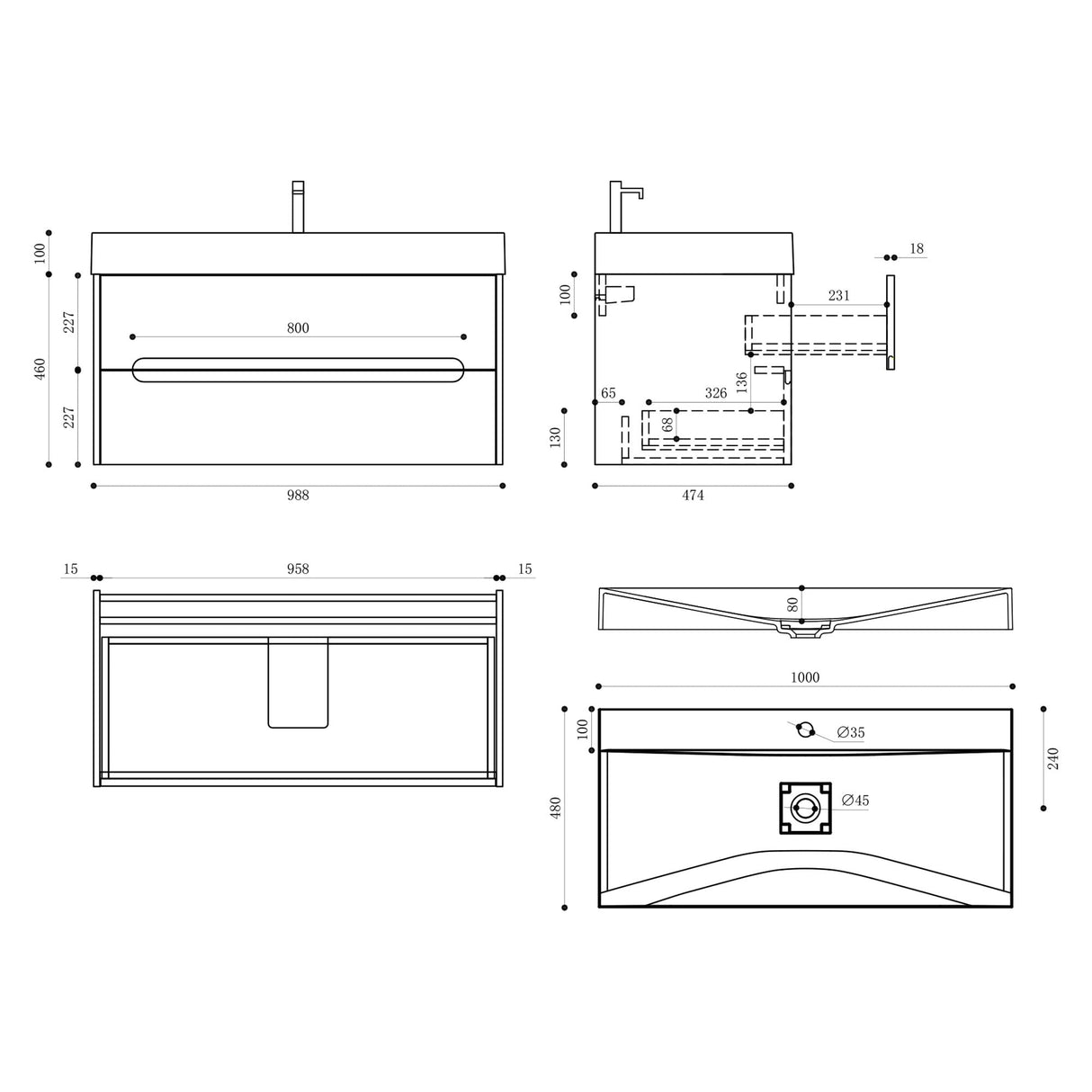 glasvilla Mobile Bagno Sospeso con Cassetti di Soft-close Mobiletto da Bagno con Lavabo da Marmo fuso Yoga