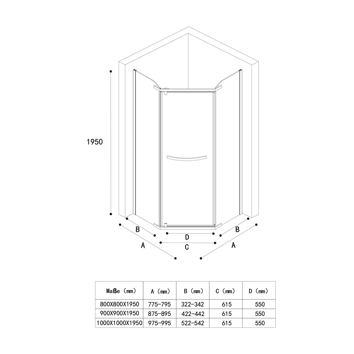 Cabine de douche pentagonale Glasvilla avec receveur, paroi de douche, verre véritable, installation au niveau du sol possible, paroi de douche en verre trempé de sécurité de 8 mm Ravenna08