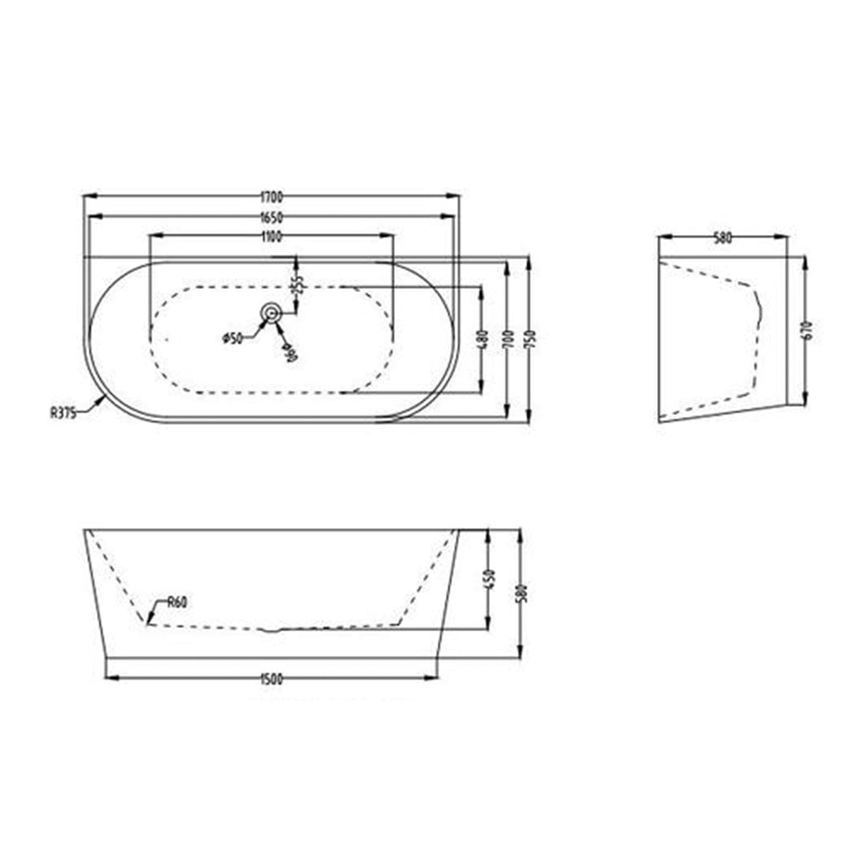 Baignoire îlot ovale en acrylique Glasvilla avec bonde escamotable, blanche, 170 x 75 x 58 cm, Vicenza519