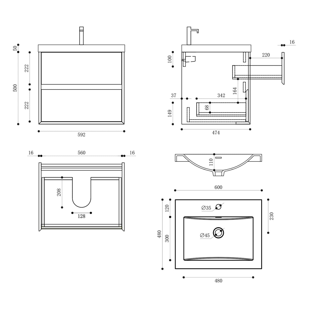 glasvilla Mobile Bagno Sospeso con 2 Cassetti di Chiusura Soft-close e Lavabo Bianco, Mobiletto da Bagno con Lavabo da Marmo Fuso Rimo