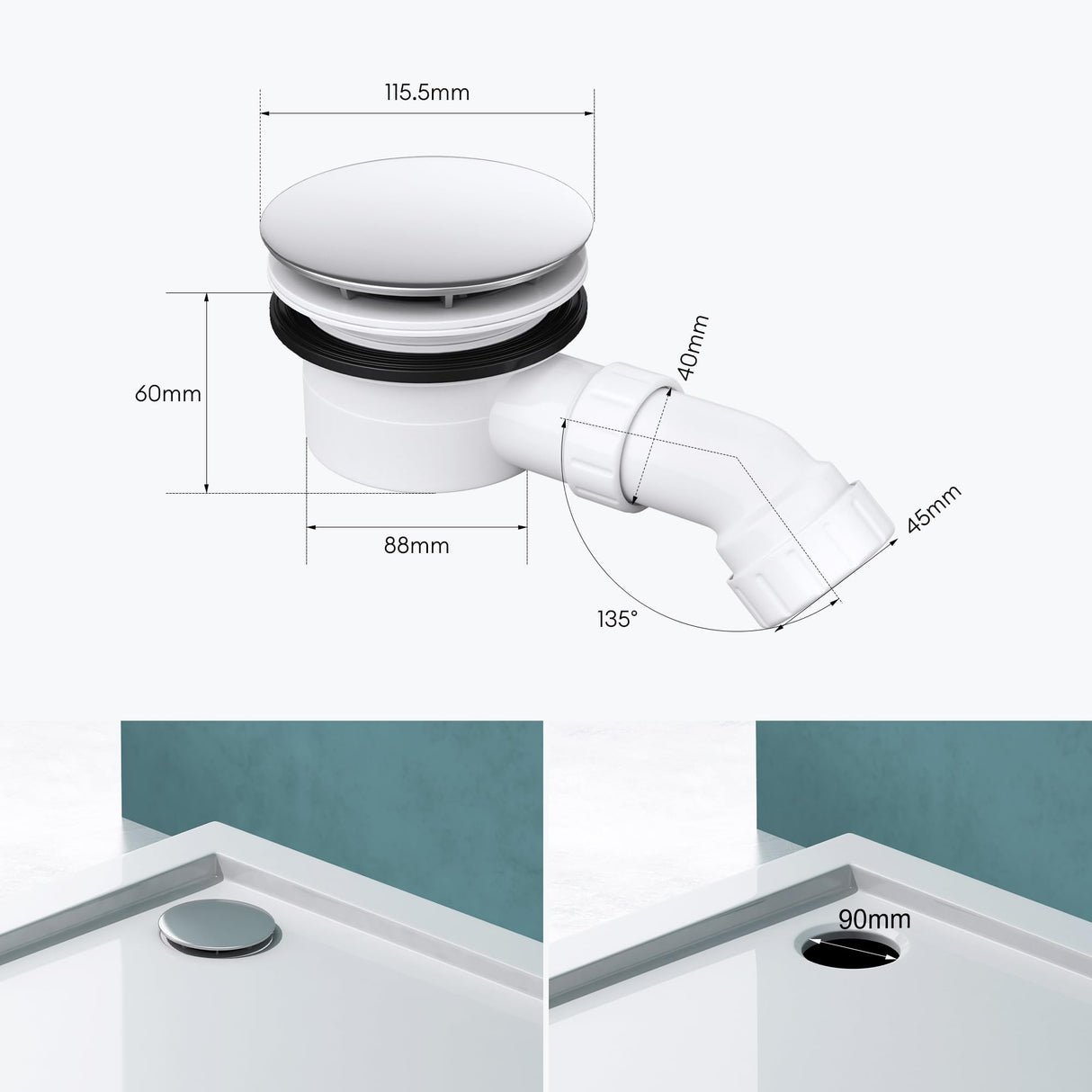 glasvilla Piletta di Scarico per Piatto Doccia Sifone di Scarico per Piatto Doccia Raccordo di Scarico