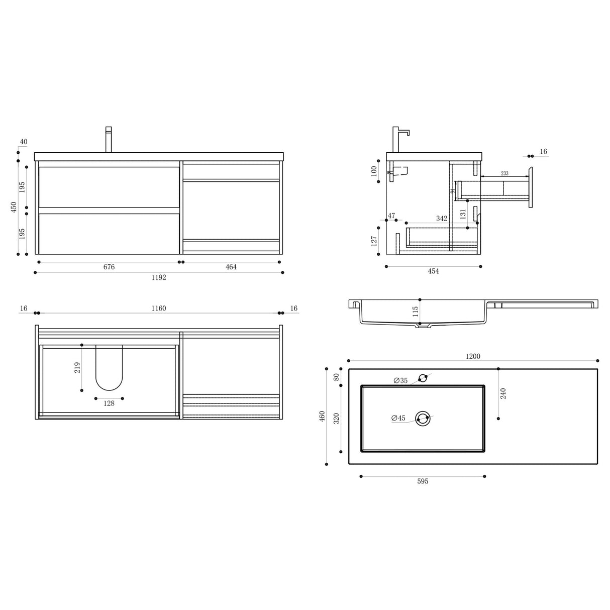 glasvilla Mobile Bagno Sospeso 120x46x49cm Mobiletto da Bagno con Lavabo da Marmo Fuso Open