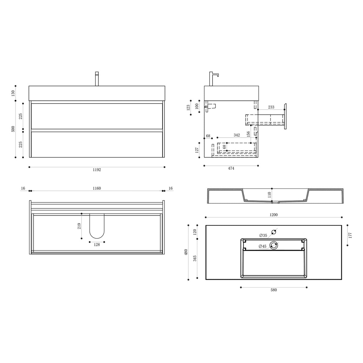 glasvilla Mobile Bagno Sospeso 120x48x63cm con 2 cassetti Mobile da Bagno con Lavabo Deep
