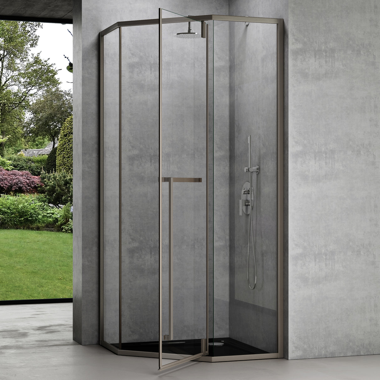 glasvilla Cabine de Douche Pentagonale en Verre Véritable Verre de Sécurité ESG 8mm Cadre de Porte en Acier Inoxydable Cloison de Douche Installation au Niveau du Sol Ravenna68K