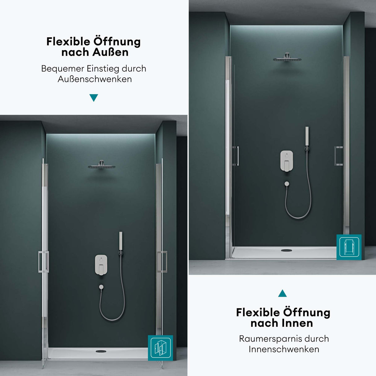 Porte de douche Glasvilla, porte de niche, cabine de douche, porte battante 180°, porte double, revêtement nano ESG 6 mm, verre clair/satiné, rayé/entièrement satiné avec mécanisme de levage et d'abaissement, Teramo24VS