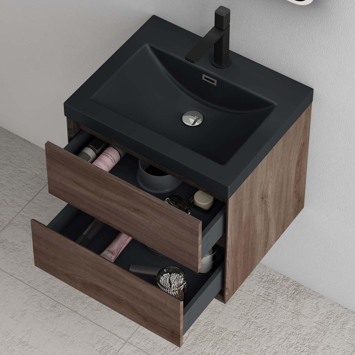 glasvilla Mobile Bagno Sospeso con 2 Cassetti di Chiusura Soft Close, Mobiletto per Bagno con Lavabo da Marmo Fuso, Lavabo da Appoggio Antracite Opaco, Rimo