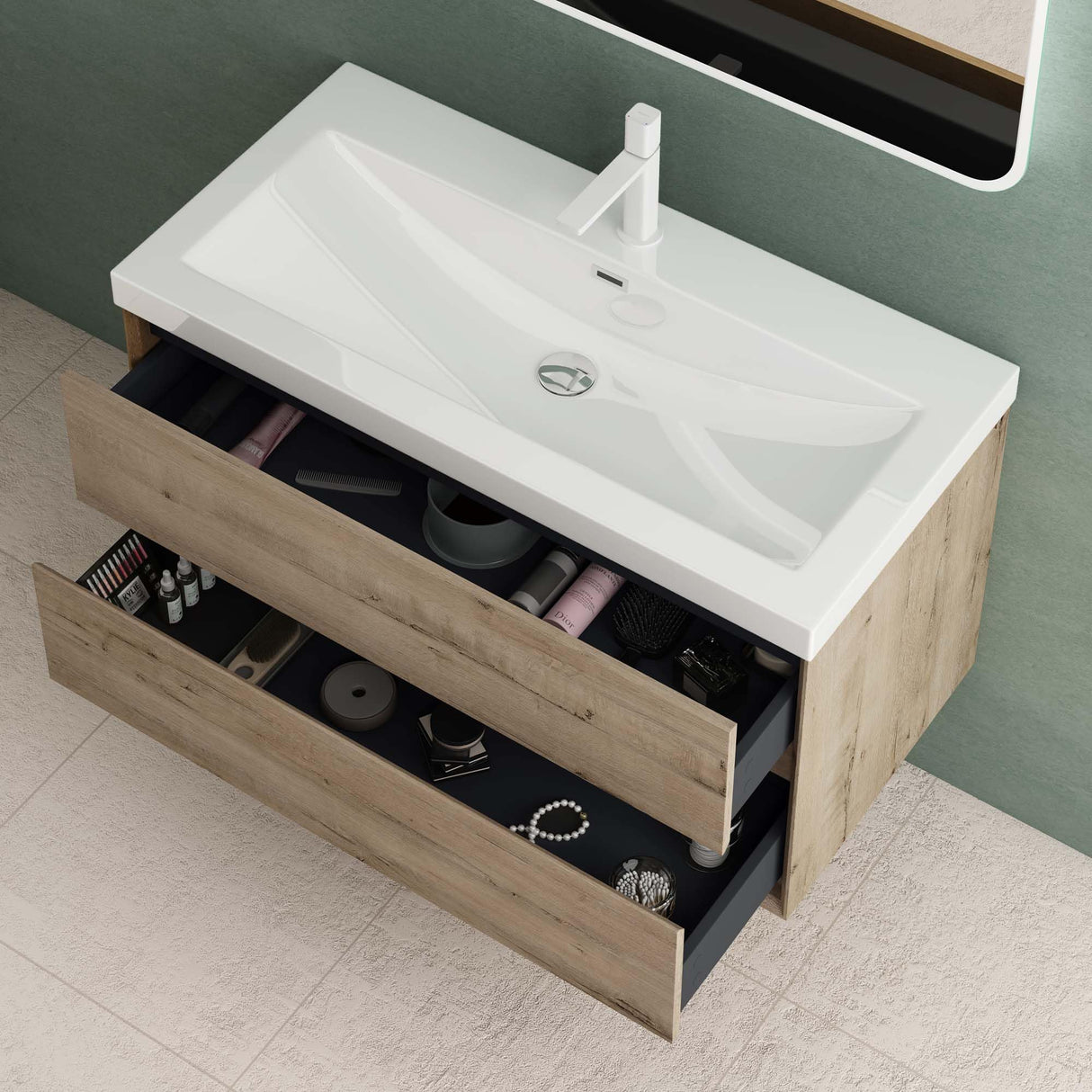 glasvilla Mobile Bagno Sospeso con 2 Cassetti di Chiusura Soft-close e Lavabo Bianco, Mobiletto da Bagno con Lavabo da Marmo Fuso Rimo