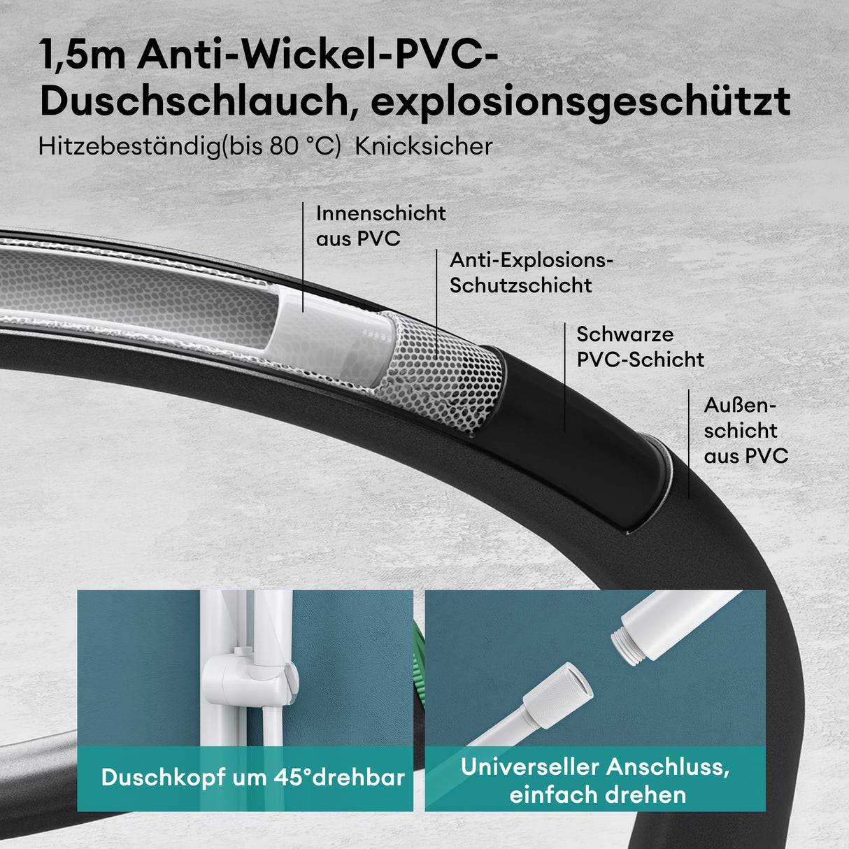 glasvilla Soffione Doccia con 3 Modalità, Doccino per Doccia in Ottone con Tubo Flessibile da 1.5m, Facile da Installare Duschsystem9