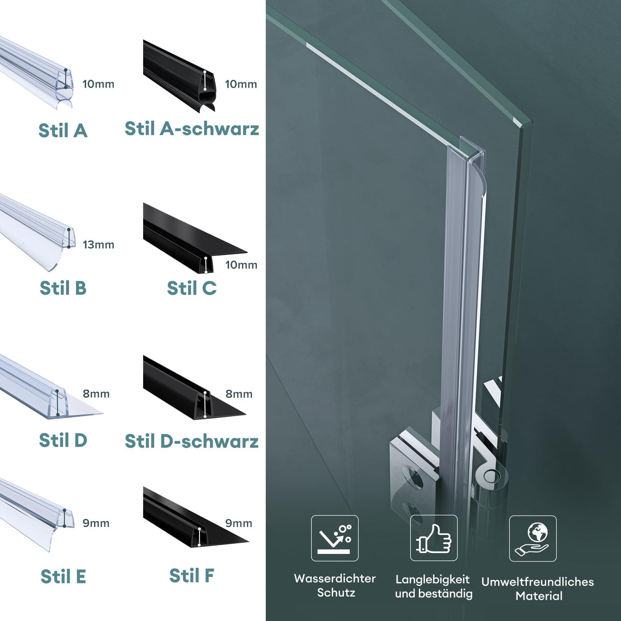 glasvilla Duschdichtung Duschlippe | Duschtürdichtung 6mm - 8mm Glasstärke | Ersatzdichtung Duschtür Duschwand recta