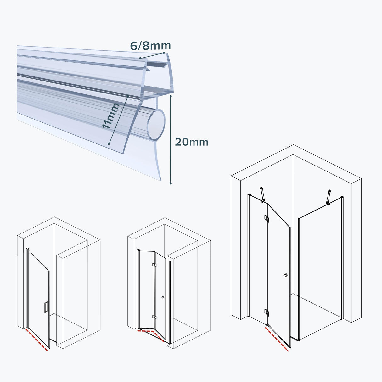 glasvilla Guarnizione Sottoporta in PVC per Box Doccia, Guarnizione per Porta Doccia Vetro da 6-8 mm, Ricambio Orizzontale di Guarnizione per Cabine Doccia