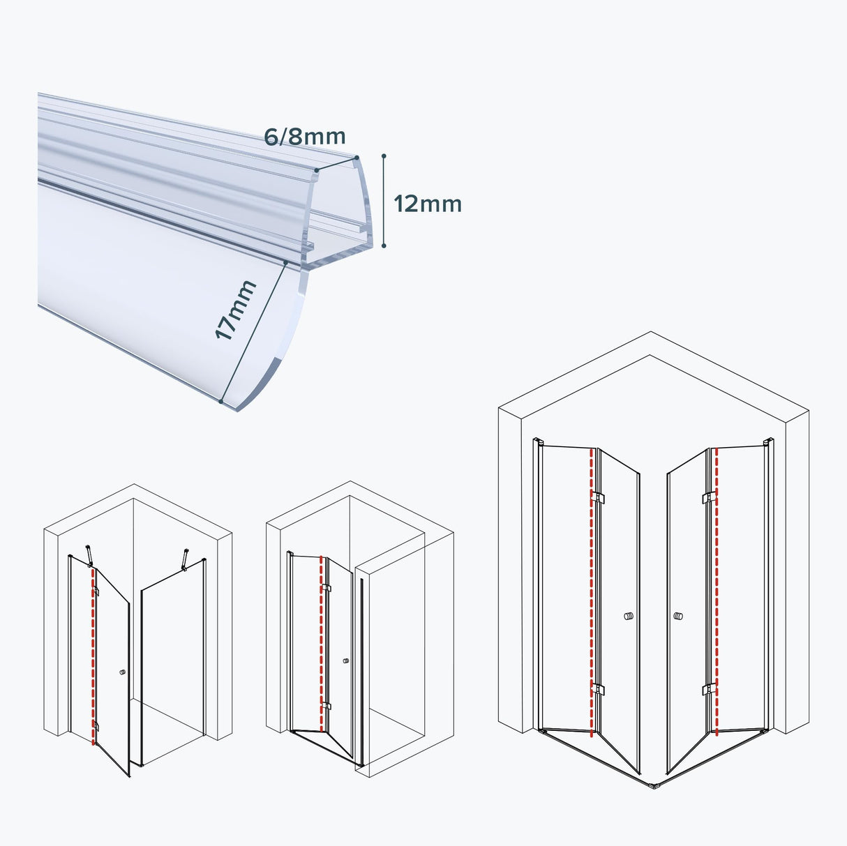 glasvilla Duschdichtung Duschlippe | Duschtürdichtung 6mm - 8mm Glasstärke | Ersatzdichtung Duschtür Duschwand recta