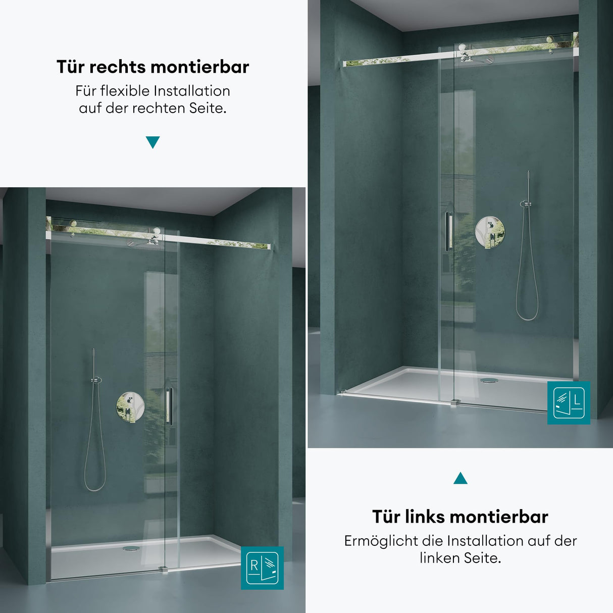 glasvilla Puerta de ducha Puerta de nicho ducha Separación de ducha Cabina de ducha vidrio de seguridad de 8mm con recubrimiento nano Puerta corredera Altura: 195cm Teramo04