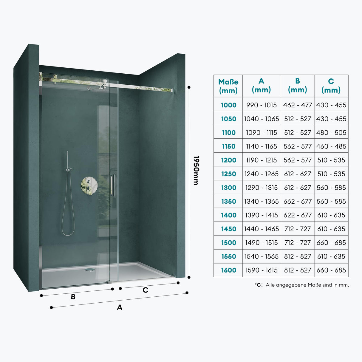 glasvilla Puerta de ducha Puerta de nicho ducha Separación de ducha Cabina de ducha vidrio de seguridad de 8mm con recubrimiento nano Puerta corredera Altura: 195cm Teramo04